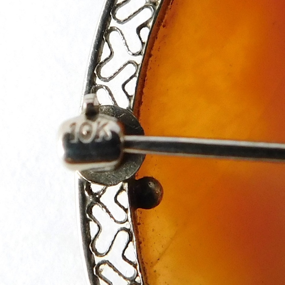 Antique 10K Solid White Gold Carved Cameo Brooch Art Deco Filigree Vintage - Picture 3 of 8
